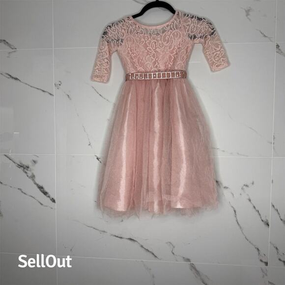 Unbranded Other - Girls Pink Lace Dress 6/7 Knee Length Party rhinestones flowergirl photoshoot